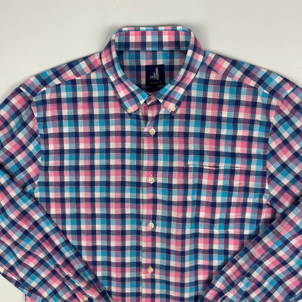 Johnnie-O Mens Medium Plaid Button Down Shirt Pink Blue‎ Cotton Long Sleeve